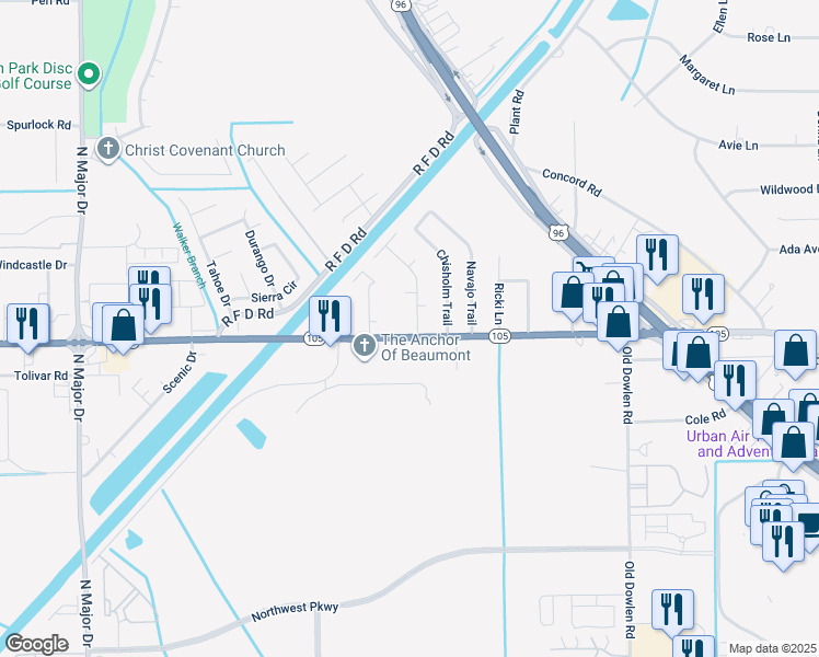 map of restaurants, bars, coffee shops, grocery stores, and more near 5915 Bedford Drive in Beaumont