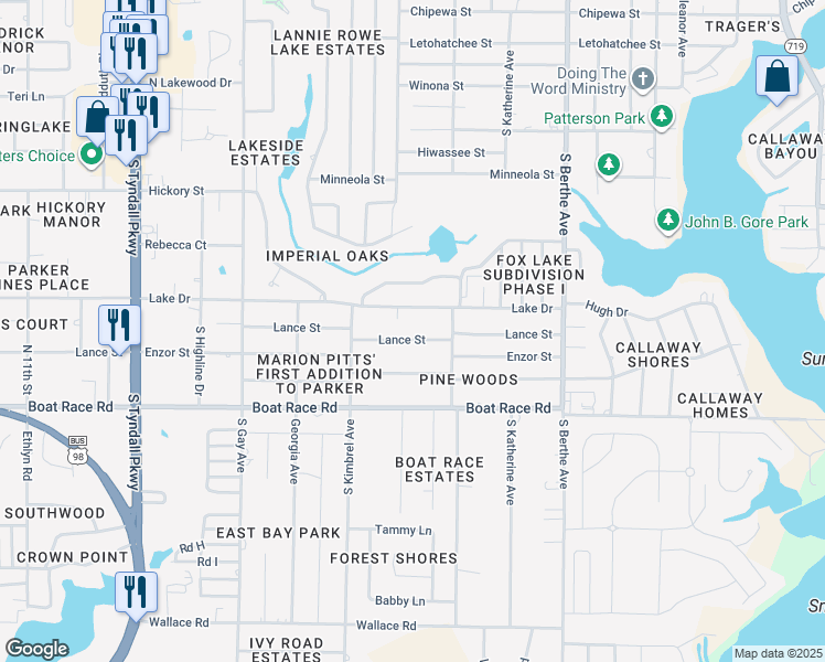 map of restaurants, bars, coffee shops, grocery stores, and more near 6317 Lance Street in Panama City