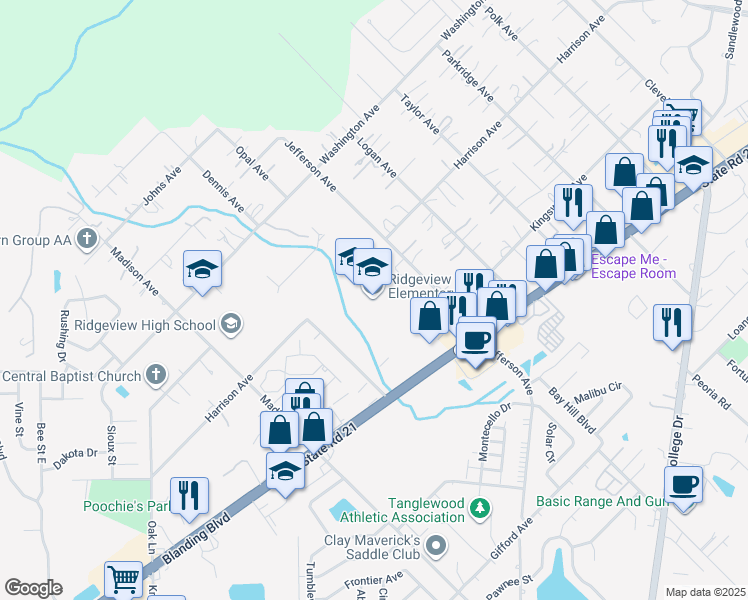 map of restaurants, bars, coffee shops, grocery stores, and more near 421 Jefferson Avenue in Orange Park