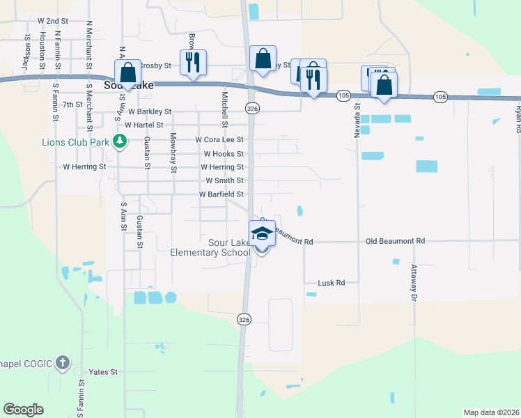 map of restaurants, bars, coffee shops, grocery stores, and more near 265 Old Beaumont Road in Sour Lake