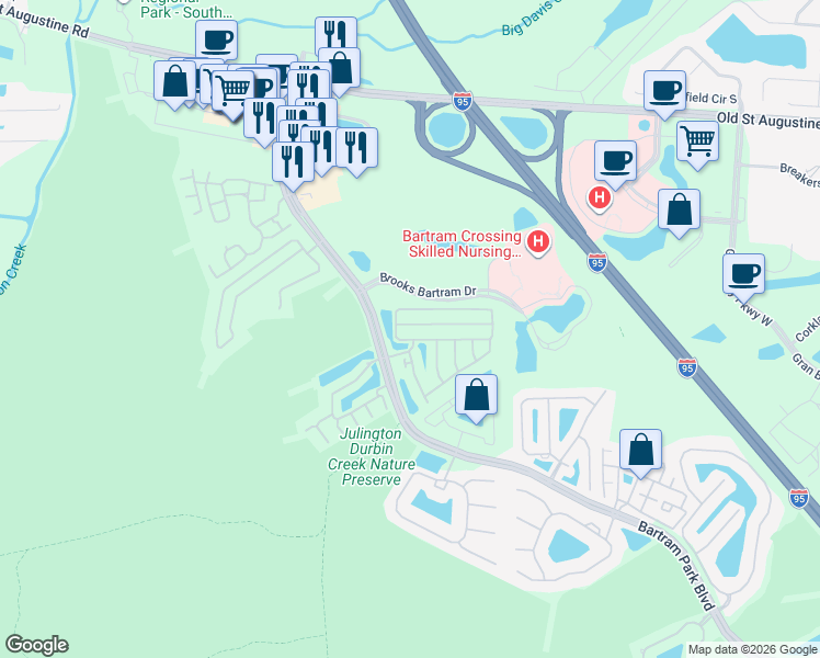 map of restaurants, bars, coffee shops, grocery stores, and more near 6116 Clearsky Drive in Jacksonville