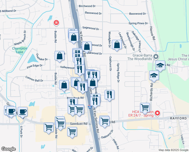 map of restaurants, bars, coffee shops, grocery stores, and more near 25602 Interstate 45 in Spring