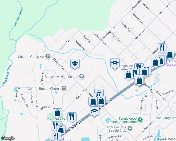 map of restaurants, bars, coffee shops, grocery stores, and more near 466 Madison Avenue in Orange Park