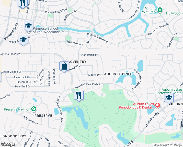 map of restaurants, bars, coffee shops, grocery stores, and more near 25803 Elmley Place in Spring