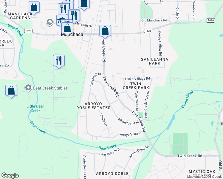 map of restaurants, bars, coffee shops, grocery stores, and more near 12412 Twin Creek Road in Manchaca
