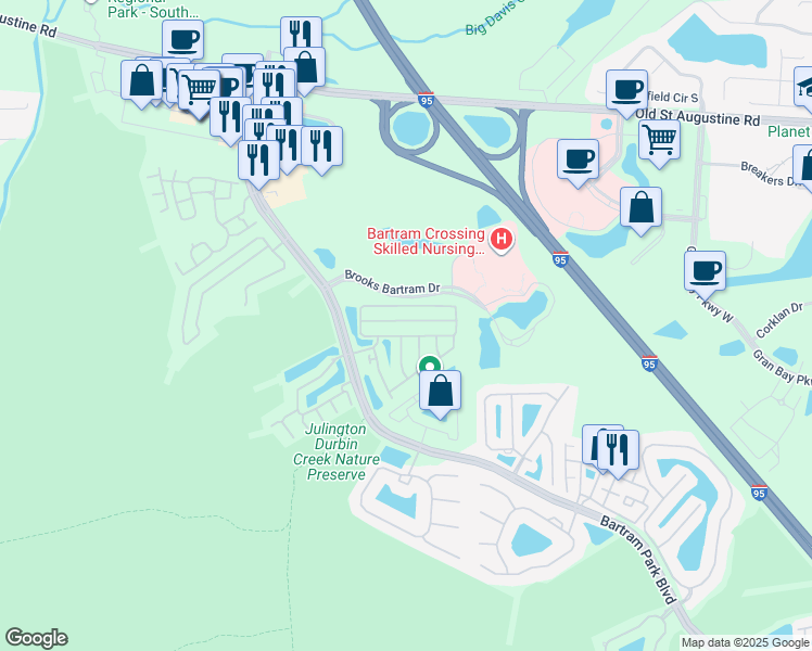 map of restaurants, bars, coffee shops, grocery stores, and more near 6160 Clearsky Drive in Jacksonville