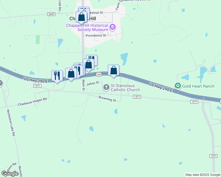 map of restaurants, bars, coffee shops, grocery stores, and more near 9175 Farm to Market 1371 in Chappell Hill