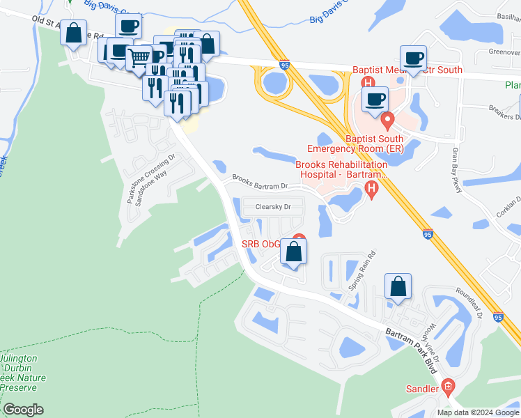 map of restaurants, bars, coffee shops, grocery stores, and more near 6138 Clearsky Drive in Jacksonville