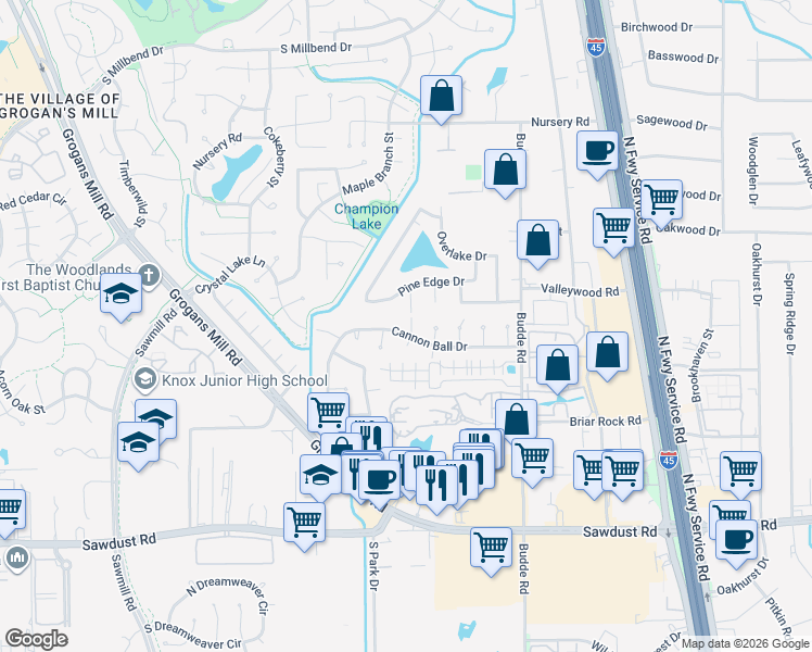 map of restaurants, bars, coffee shops, grocery stores, and more near 25607 Yellow Pine Lane in Spring