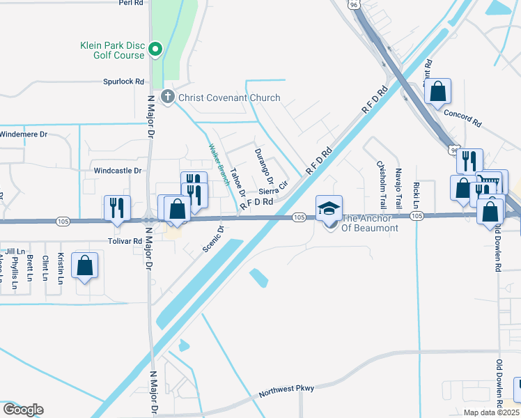 map of restaurants, bars, coffee shops, grocery stores, and more near 7050 Texas 105 in Beaumont