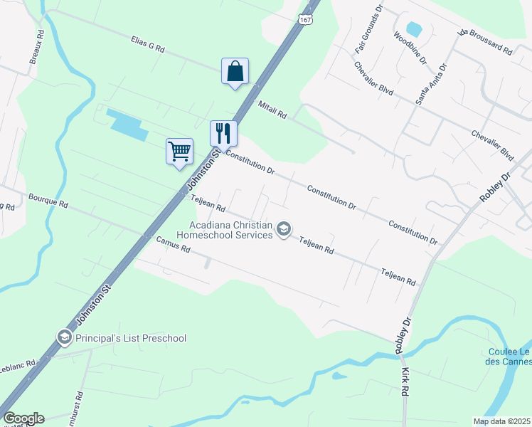 map of restaurants, bars, coffee shops, grocery stores, and more near 203 Teljean Road in Lafayette