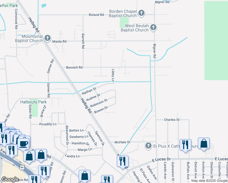 map of restaurants, bars, coffee shops, grocery stores, and more near 3625 Audree Street in Beaumont