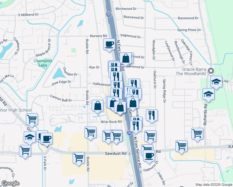 map of restaurants, bars, coffee shops, grocery stores, and more near 25619 North Freeway Service Road in Spring