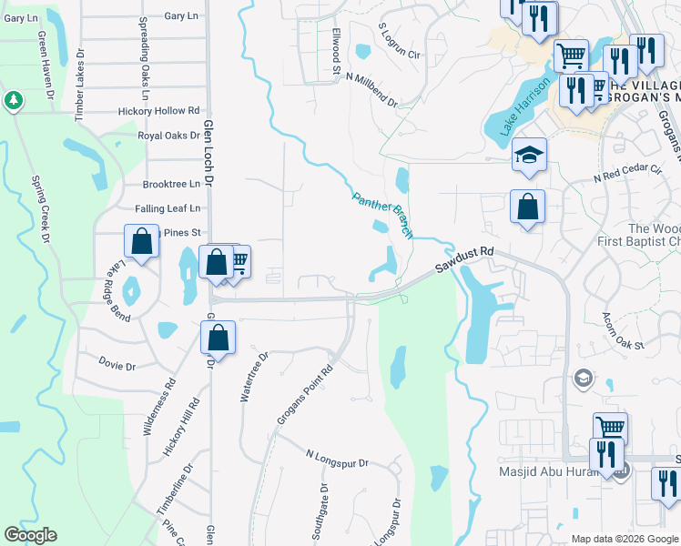 map of restaurants, bars, coffee shops, grocery stores, and more near 6 Mill Point Place in Spring