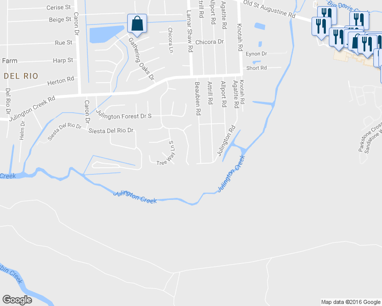 map of restaurants, bars, coffee shops, grocery stores, and more near 12886 Beaubien Road in Jacksonville
