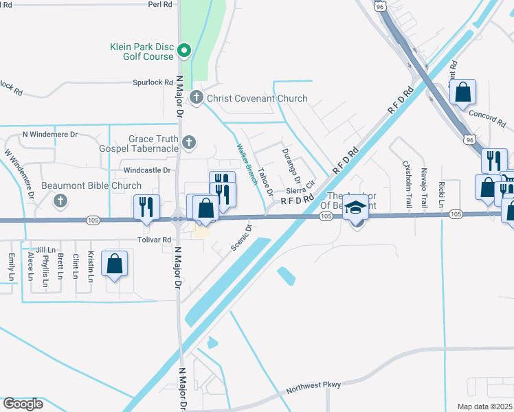 map of restaurants, bars, coffee shops, grocery stores, and more near 7110 Texas 105 in Beaumont