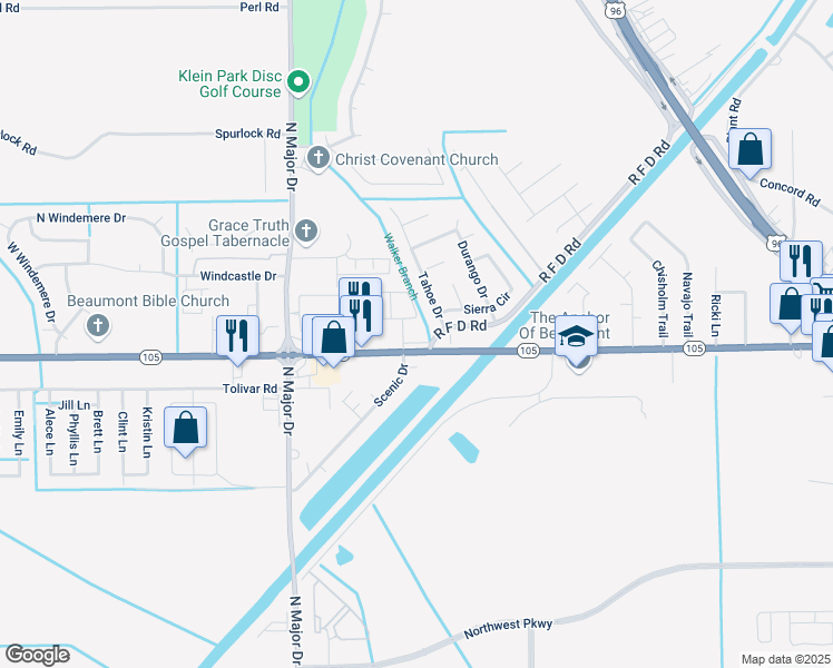 map of restaurants, bars, coffee shops, grocery stores, and more near 7110 Texas 105 in Beaumont