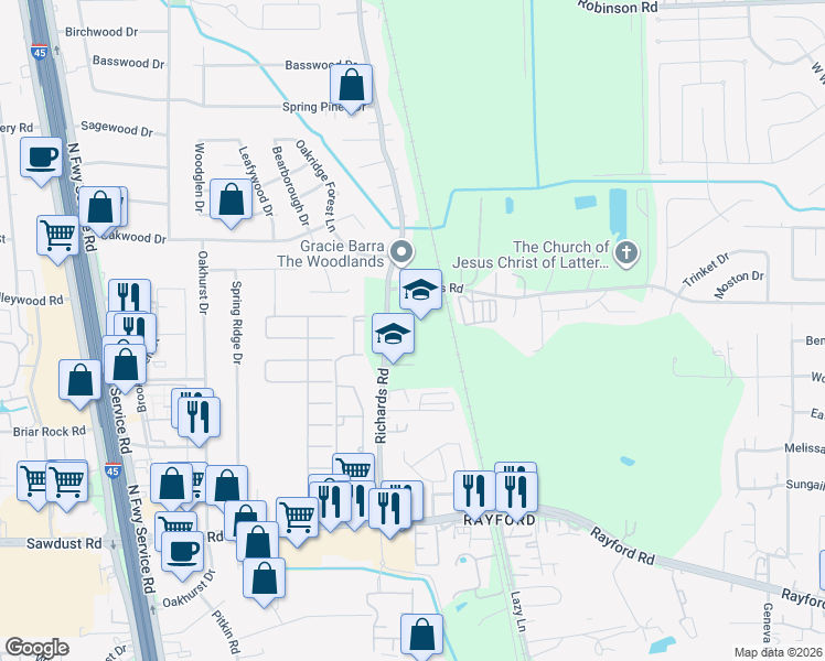 map of restaurants, bars, coffee shops, grocery stores, and more near 25460 Richards Road in Spring