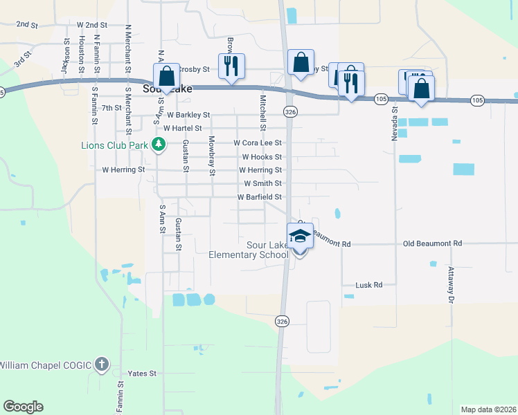 map of restaurants, bars, coffee shops, grocery stores, and more near 215 Gilbert Street in Sour Lake