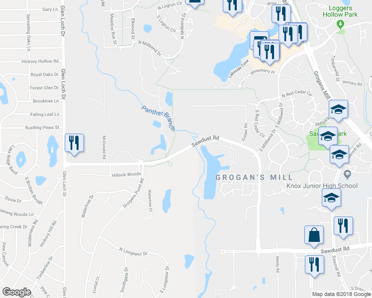 map of restaurants, bars, coffee shops, grocery stores, and more near 2597 Sawdust Road in Spring