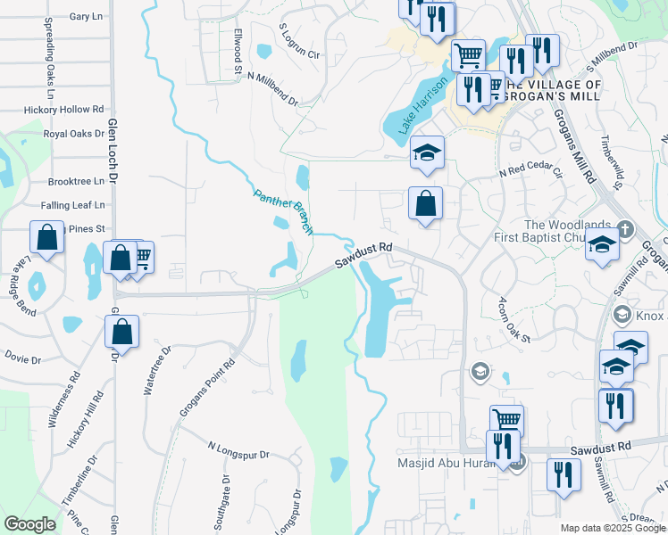 map of restaurants, bars, coffee shops, grocery stores, and more near 2595 Sawdust Road in The Woodlands