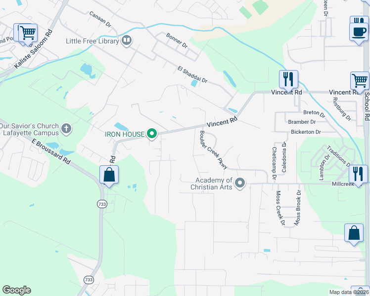 map of restaurants, bars, coffee shops, grocery stores, and more near 305 Solitaire Avenue in Lafayette