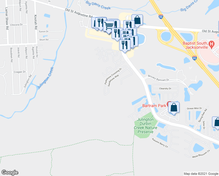 map of restaurants, bars, coffee shops, grocery stores, and more near 5718 Sandstone Way in Jacksonville