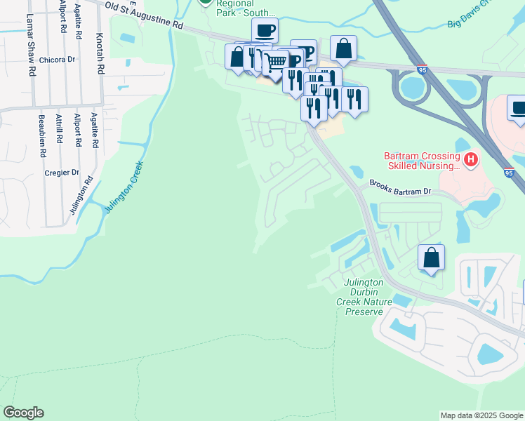 map of restaurants, bars, coffee shops, grocery stores, and more near 5677 Parkstone Crossing Drive in Jacksonville