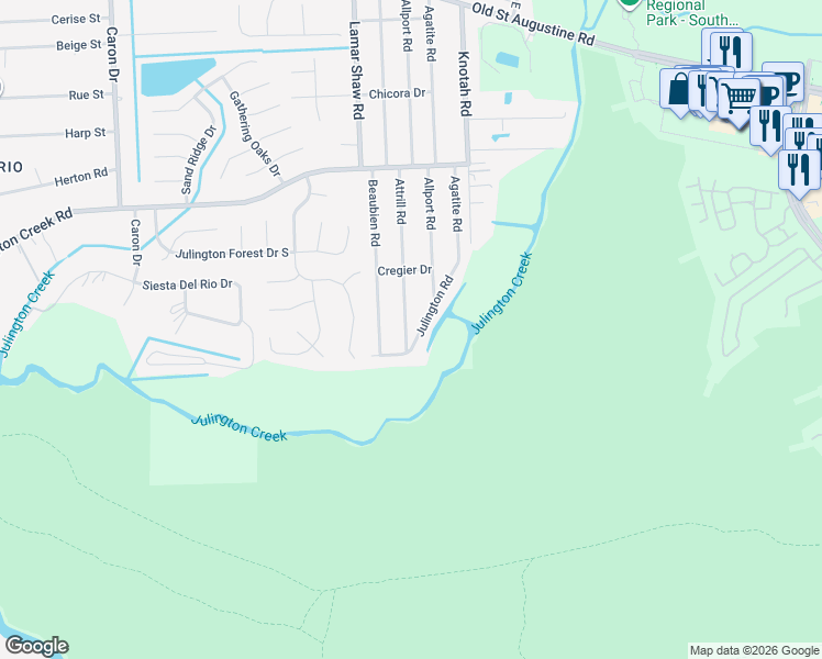 map of restaurants, bars, coffee shops, grocery stores, and more near 12889 Attrill Road in Jacksonville