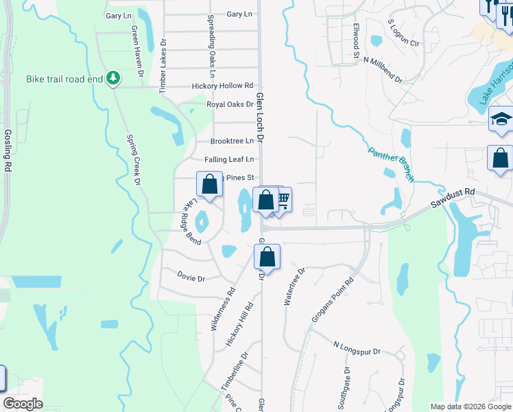 map of restaurants, bars, coffee shops, grocery stores, and more near 25310 Glen Loch Drive in Spring