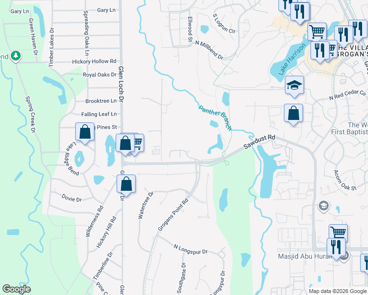 map of restaurants, bars, coffee shops, grocery stores, and more near 15 Heathcote Court in Spring