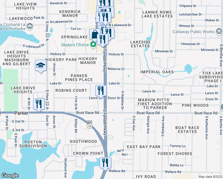 map of restaurants, bars, coffee shops, grocery stores, and more near 719 South Tyndall Parkway in Panama City