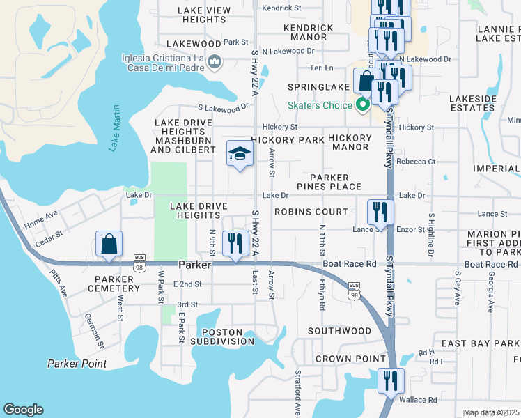 map of restaurants, bars, coffee shops, grocery stores, and more near 711 South Highway 22 A in Panama City