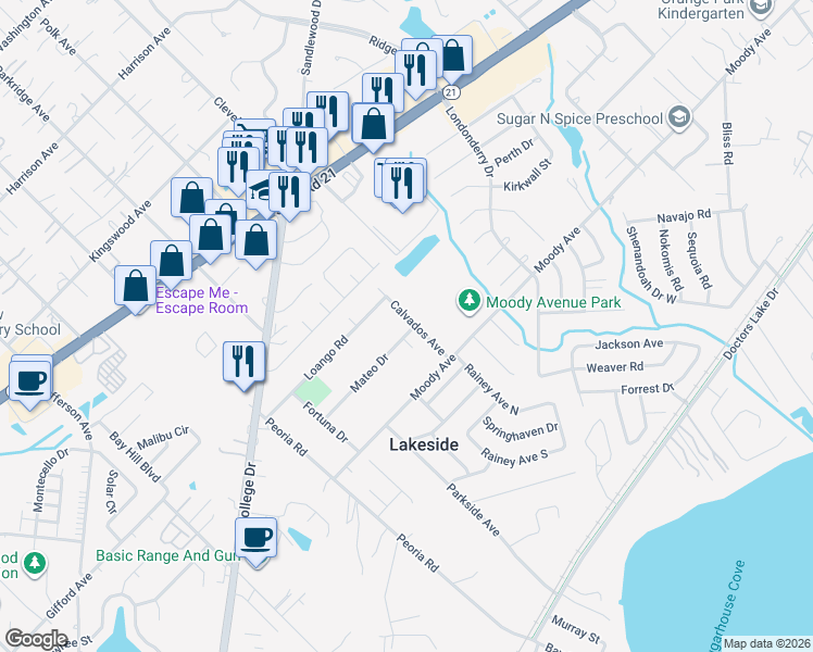 map of restaurants, bars, coffee shops, grocery stores, and more near 3598 Mateo Drive in Orange Park