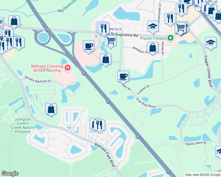 map of restaurants, bars, coffee shops, grocery stores, and more near Interstate 95 in Jacksonville