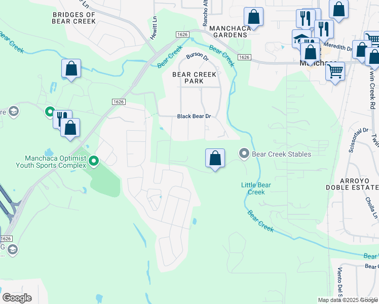 map of restaurants, bars, coffee shops, grocery stores, and more near 1604 Koala Street in Manchaca