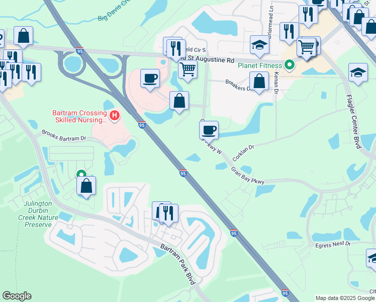 map of restaurants, bars, coffee shops, grocery stores, and more near 12926 Gran Bay Parkway in Jacksonville