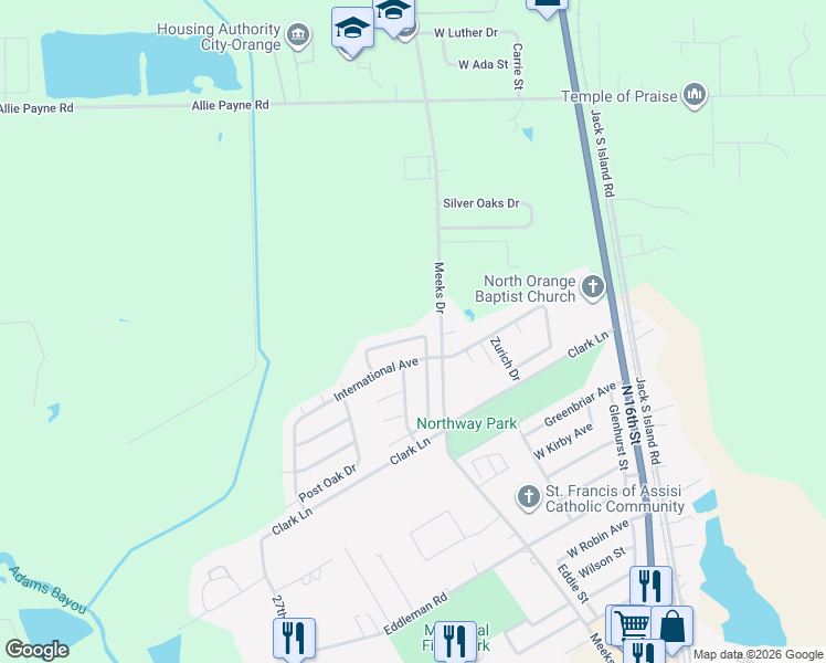 map of restaurants, bars, coffee shops, grocery stores, and more near 2115 Oak Forest Drive in Orange