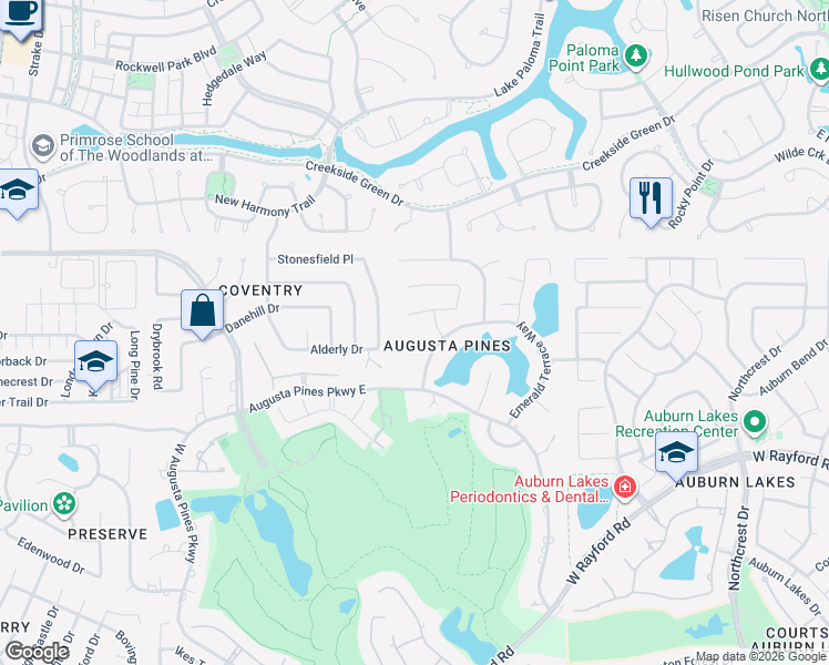 map of restaurants, bars, coffee shops, grocery stores, and more near 25802 Marshbrook Lane in Spring