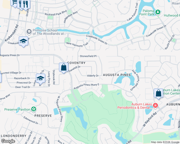 map of restaurants, bars, coffee shops, grocery stores, and more near 25803 Elmley Place in Spring