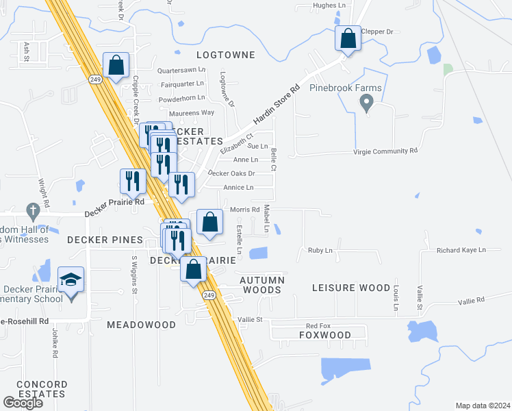 map of restaurants, bars, coffee shops, grocery stores, and more near 32031 Ashton Lane in Pinehurst