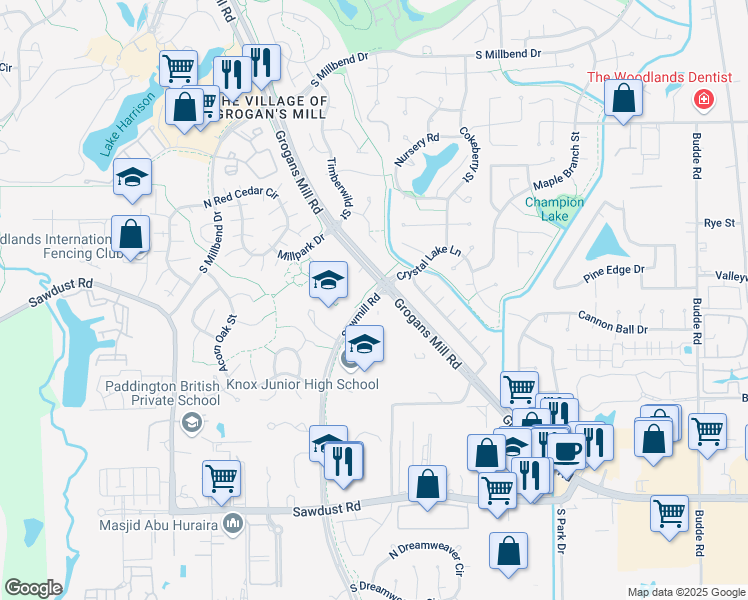 map of restaurants, bars, coffee shops, grocery stores, and more near 12312 Sawmill Road in Spring