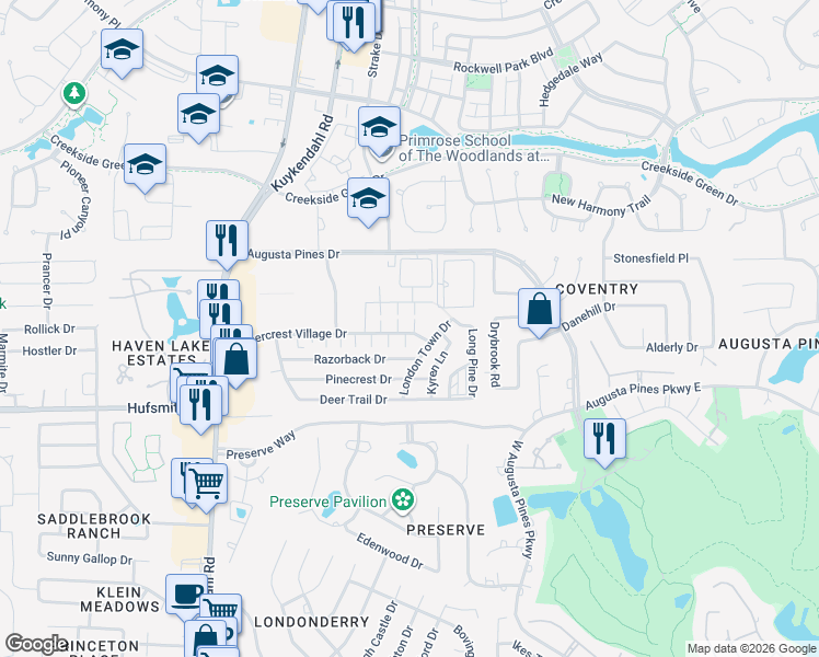 map of restaurants, bars, coffee shops, grocery stores, and more near 25929 London Town Drive in Spring