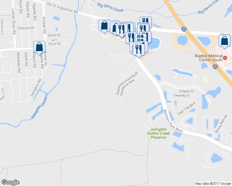 map of restaurants, bars, coffee shops, grocery stores, and more near 5677 Parkstone Crossing Drive in Jacksonville