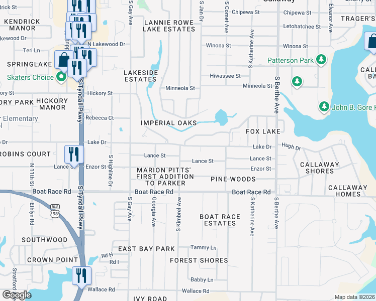 map of restaurants, bars, coffee shops, grocery stores, and more near 6201 Lance Street in Panama City