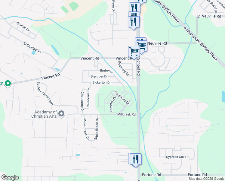 map of restaurants, bars, coffee shops, grocery stores, and more near 224 Lambton Drive in Lafayette