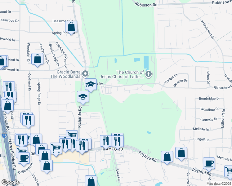 map of restaurants, bars, coffee shops, grocery stores, and more near 25536 Richards Road in Spring