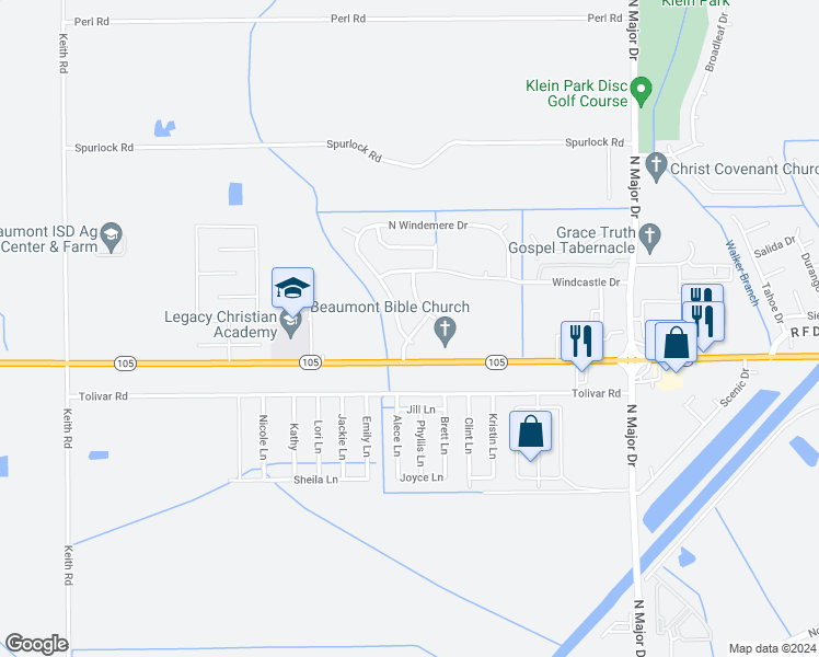 map of restaurants, bars, coffee shops, grocery stores, and more near 5955 Windswept Drive in Beaumont