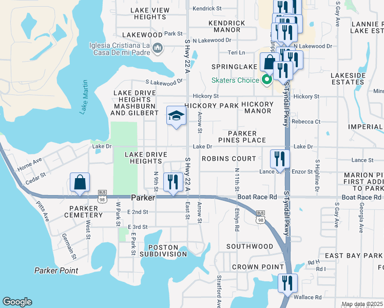 map of restaurants, bars, coffee shops, grocery stores, and more near 711 South Highway 22 A in Panama City