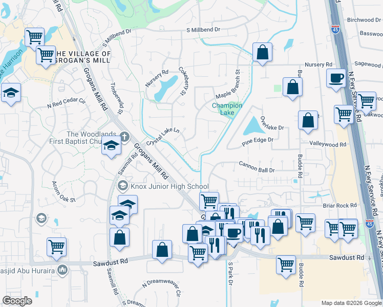 map of restaurants, bars, coffee shops, grocery stores, and more near 85 Crystal Lake Lane in Spring